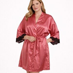 Fredericks of Hollywood Pink Lace Silky Wrap Robe Black Lace Trim Size Medium